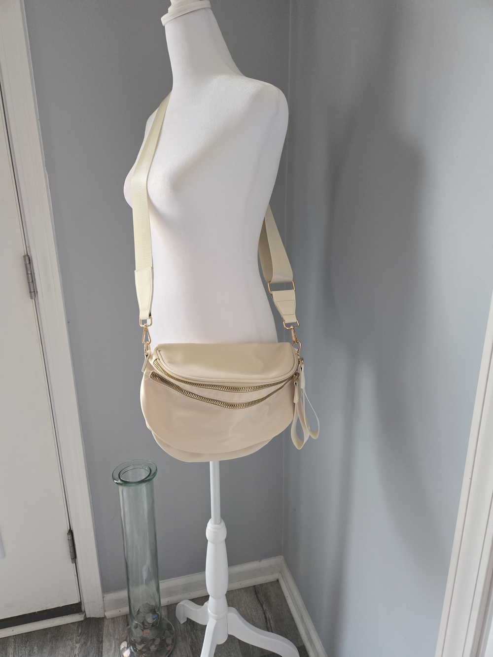 Neutral Cream Crossbody Bag with Wide Strap and Gold Hardware